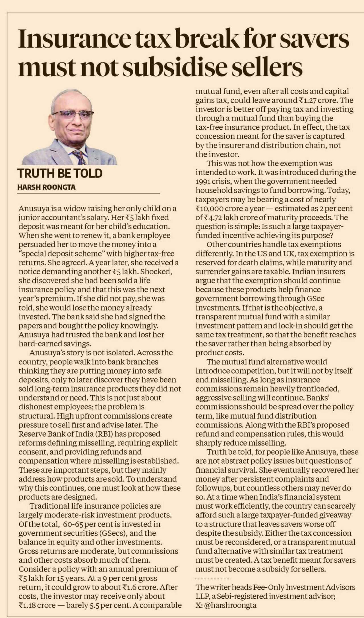 "Insurance tax break for savers must not subsidise sellers" by Harsh Roongta in Truth Be Told column
